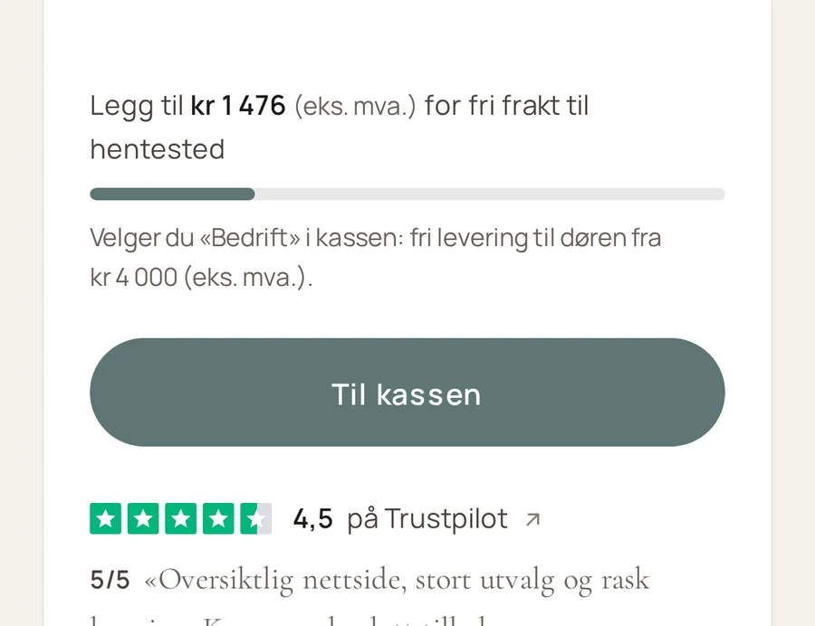 Handlekurven viser hvor mye som gjenstår til fri frakt til hentested, og fri levering for bedrifter