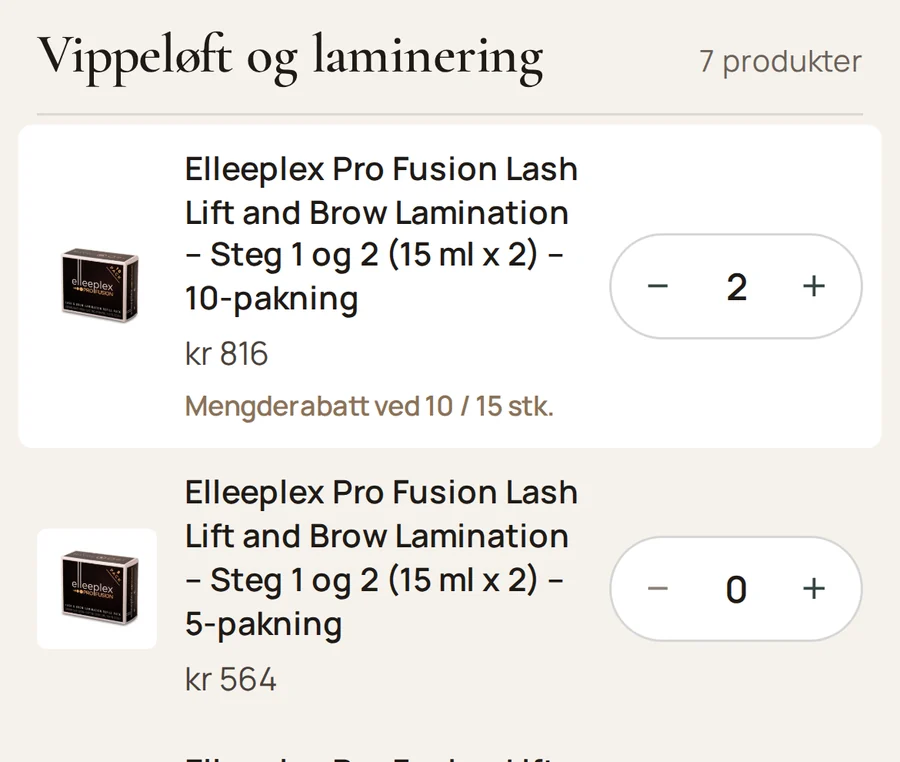 Hurtigbestillingen på mobil: velg antall med pluss og minus, med mengderabatt vist per produkt