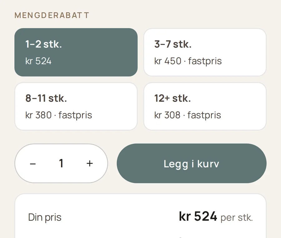 Mengderabatt på produktsiden: pris per trinn, for eksempel 3–7 stk. til fastpris